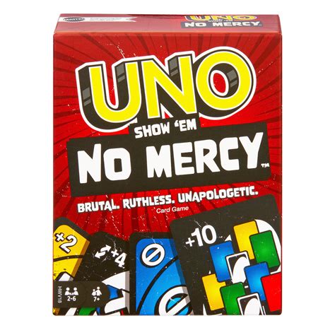 Uno no mercy near me - UNO Show 'Em No Mercy is a brutal, ruthless version of the classic UNO card game. In addition to standard action cards like Skip, Reverse, and Draw 2, No Mercy comes with …